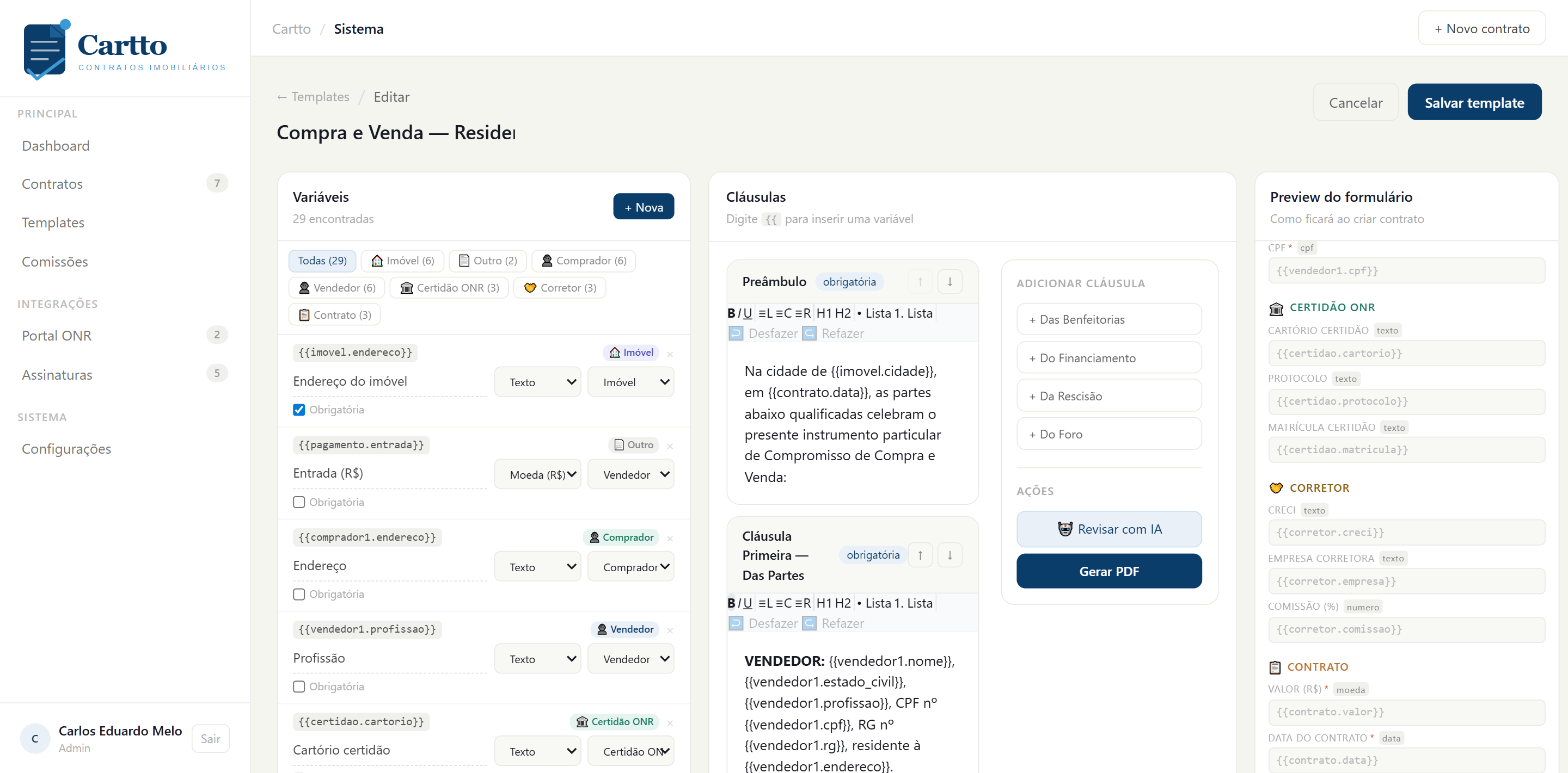 Tela de importação do contrato
